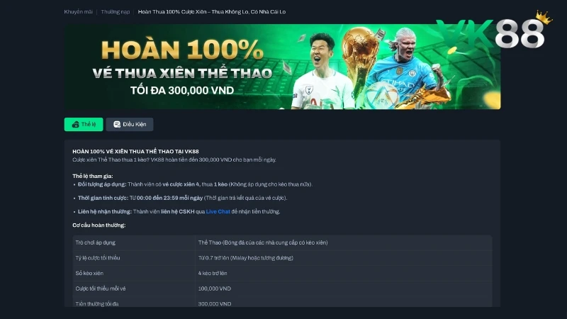 Vé cược xiên thể thao thua được hoàn 100%